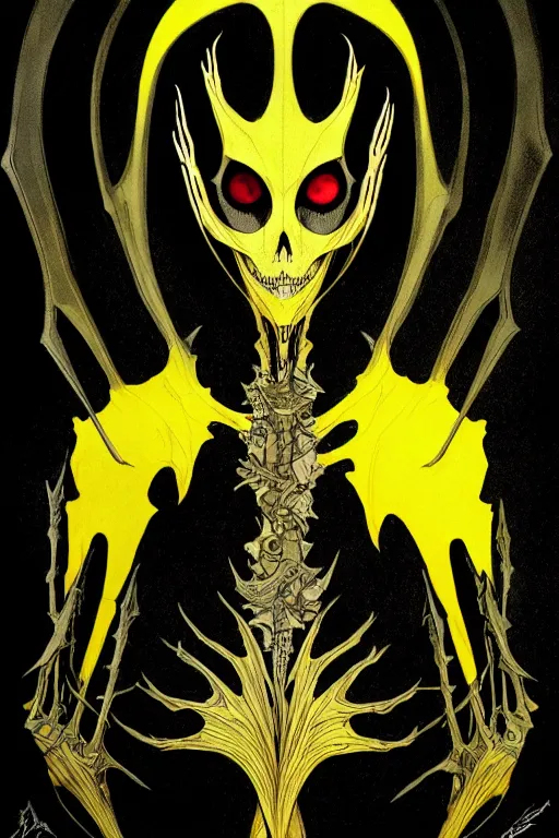 Image similar to black and yellow flat color, artgerm, joshua middleton, mucha, beksinski, moebius, heavy metal comic cover art, psychedelic triangular skeletal calcification fungus lich in darkiron spike armor, full body, hollow eyes, symmetrical face, long black crown, in a dungeon background, moody dark colors