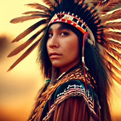 Prompt: a beautiful portrait of a native american woman with ornate clothing and beautiful fully rendered pretty face, dusk, cinematic, high resolution