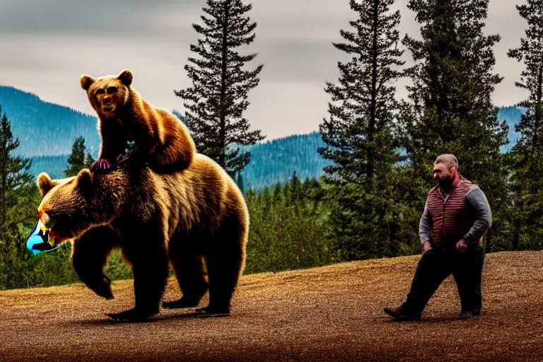 Image similar to man riding bear, XF IQ4, 150MP, 50mm, f/1.4, ISO 200, 1/160s, natural light, Adobe Photoshop, Adobe Lightroom, DxO Photolab, polarizing filter, Sense of Depth, AI enhanced, HDR