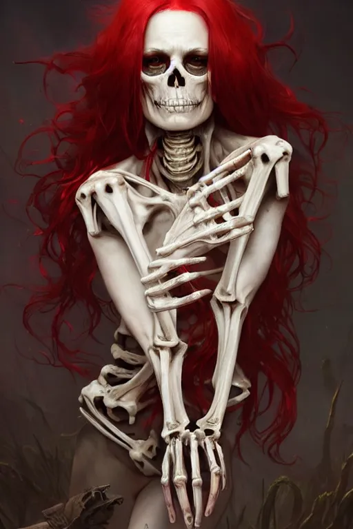 Image similar to pale woman with skeleton body covered with blood, long red hair, pretty face, ultra realistic, concept art, intricate details, highly detailed, photorealistic, octane render, 8 k, unreal engine. art by artgerm and greg rutkowski and alphonse mucha