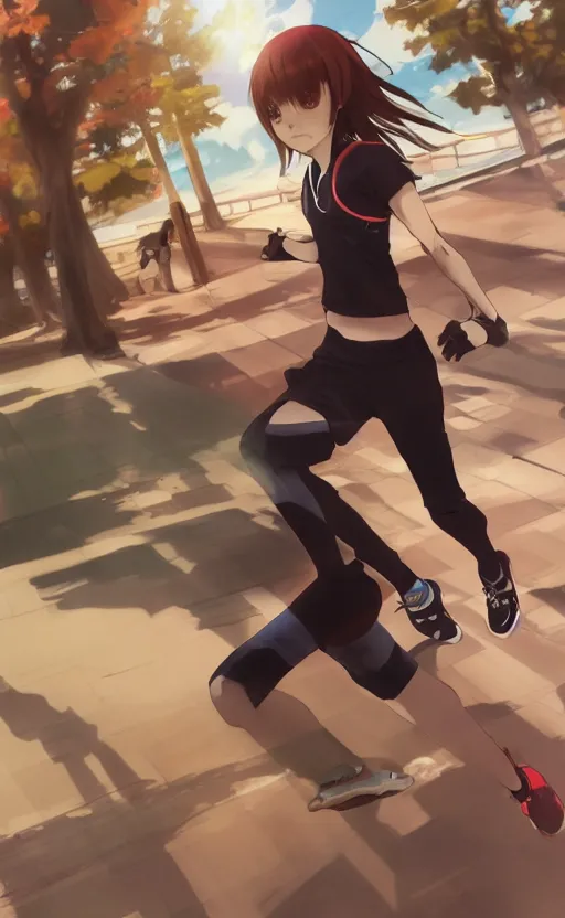 Image similar to anime style, girl is running, red sport clothing, marathon race, brown short hair, hair down, symmetrical facial features, from arknights, gta 5, hyper realistic, rule of thirds, extreme detail, detailed 4 k drawing, safebooru, realistic lighting, by alphonse mucha, greg rutkowski, sharp focus, backlit