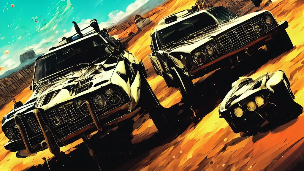 Image similar to anime illustration of mad max's fj 4 0 pursuit special, the last v 8 interceptor driving down to the gates of valhalla highway, riding fury road eternal shiny and chrome, world of fire and blood, by makoto shinkai, ilya kuvshinov, lois van baarle, rossdraws, basquiat, global illumination ray tracing hdr