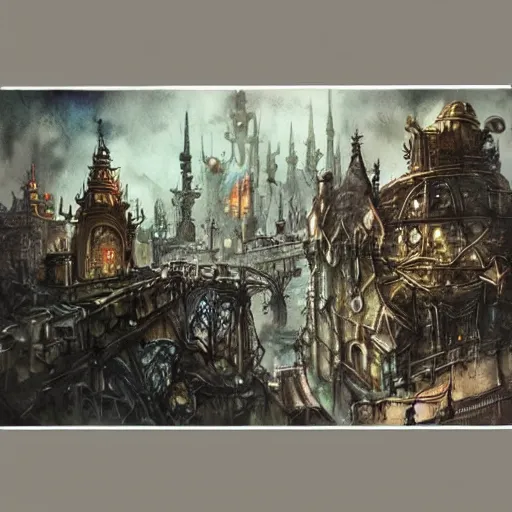 Prompt: #Fantasy #Landscape Collection Original #Watercolor #Painting Steampunk Scifi Surreal Land Whimsical #Ornate #Concept #Art #World Building Cityscape