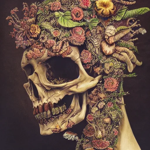Prompt: a beautiful detailed front view rococo portrait of a rotten woman corpse becoming almost a skull with face muscles, veins, artery, fractal plants and fractal flowers and mushrooms growing around, intricate, ornate, volumetric light, beautiful lit, beetlejuice