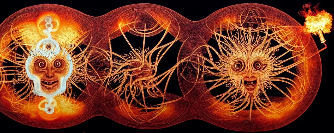 Image similar to a strange fire creature with endearing eyes radiates a unique canto'as above so below'while being ignited by the spirit of haeckel and robert fludd, breakthrough is iminent, glory be to the magic within, in honor of saturn, painted by ronny khalil