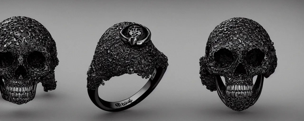 Image similar to simple ring with a skull, ring, skull, black, green mist emanates, smooth shank, crystals, engravings, product design, jewelry, art by gerald brom, greg rutkowski and artgerm and james jean and zdzisław beksinski, 8 k, unreal engine, c 4 d