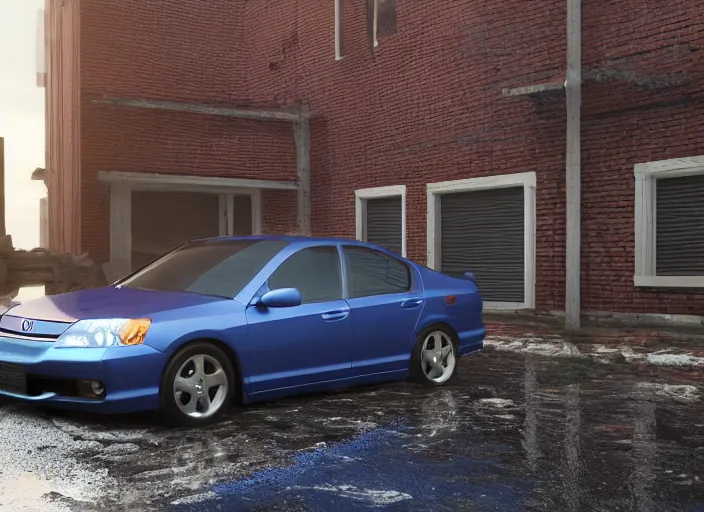 Image similar to blue 2 0 0 3 honda accord parked near a grey brick garage at sunrise, oil! puddle! under car, concept art, octane render, unreal engine 5, trending on artstation, high quality, 8 k, soft lighting, path traced, hyperrealistic, highly detailed, digital art, symmetrical, cinematic, high coherence, godrays