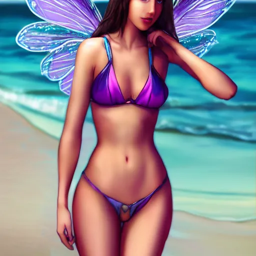 Image similar to beautiful fairy with fairy wings in a bikini on the beach drawn by artgerm