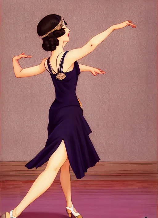 Prompt: a beautiful girl in 1920's fashion dancing the Charleston, living room background, intricate, highly detailed, digital painting, artstation, official media, anime key visual, concept art, rich vivid colors, ambient lighting, sharp focus, illustration, art by Artgerm, Makoto Shinkai, Ilya Kuvshinov, Lois Van Baarle, and Rossdraws