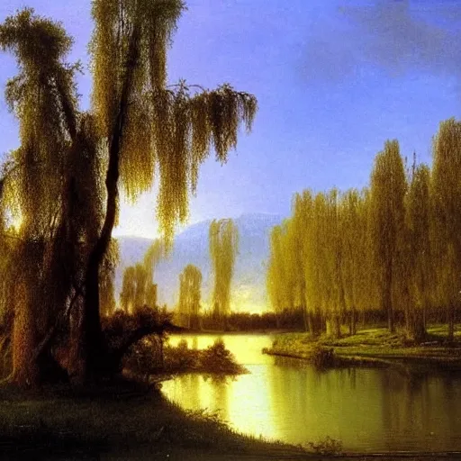 Image similar to oil painting of a willow tree next to a river by albert bierstadt, beautiful lighting - h 7 0 4