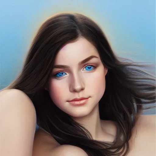 Image similar to full body portrait of a girl with blue eyes, gentle round face, with a bright smile, long dark hair, highly detailed, deep focus, elegant, digital painting, smooth, sharp focus, golden ratio, illustration, ultra realistic, 8 k, art by artgerm and caravaggio