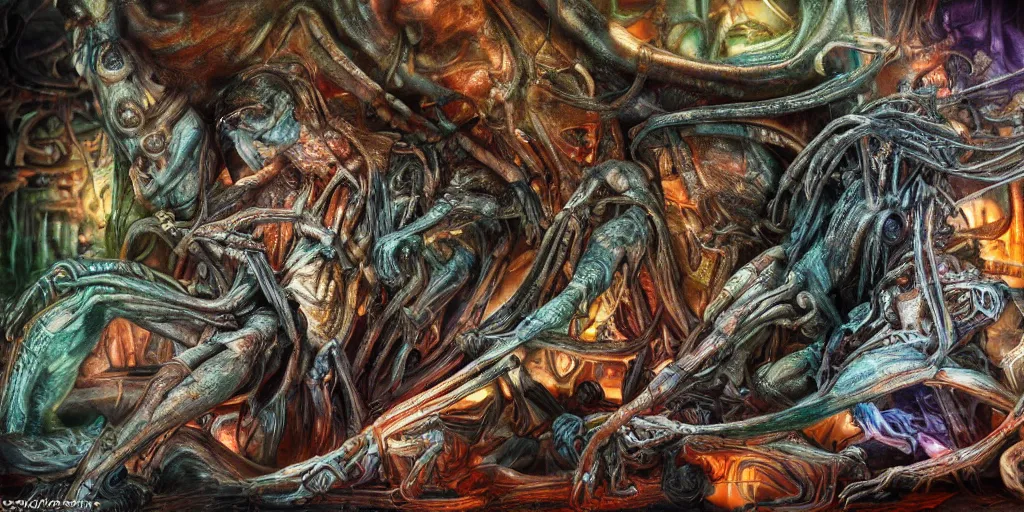 Image similar to dreamscape, giger, vivid colors, colorful, anatomical, highly detailed sculpture, intricate detailed, ommatidia, 8 k, cinematic atmosphere, post - processing