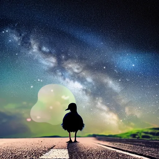 Image similar to a lonely duck walking on the road and looking up at the sky, milky way, starry sky, art station trend