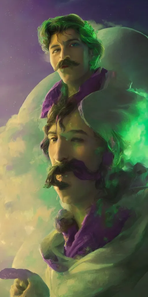 Image similar to a young male wizard with a salvador dali moustache in space, green and purple colors, volumetric lighting, greg rutkowski, artstation, 8k