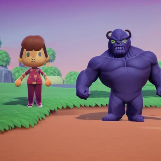 Prompt: Film still of Thanos, from Animal Crossing: New Horizons (2020 video game)