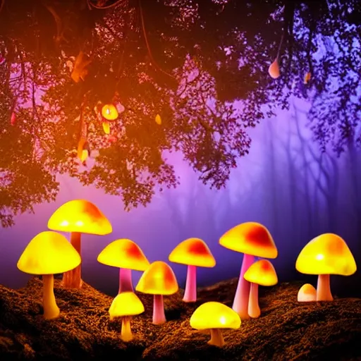 Image similar to glowing mushrooms in magical forrest, dark atmosphere, soft lighting, high detail, 8 k