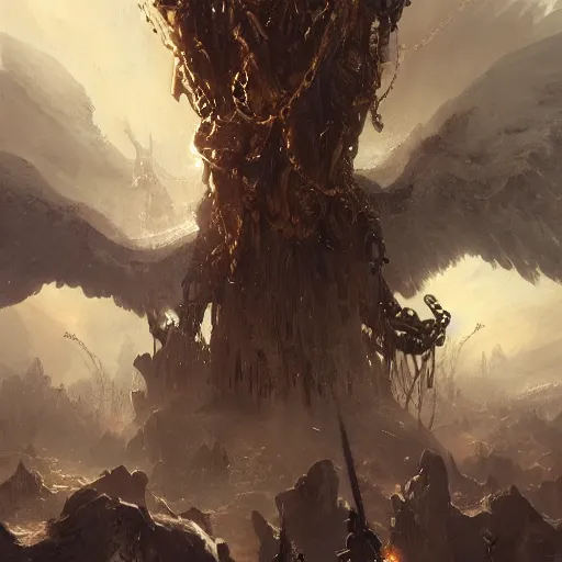 Prompt: book of enoch, angels capture demons with huge chains and send them to hell, by greg rutkowski, trending on artstation