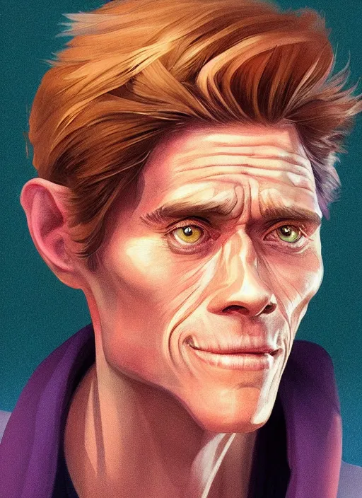 Image similar to young early - 2 0 s willem dafoe portrait illustrated by rossdraws, vivid colors, soft lighting, digital artwork 4 k, best of artstation