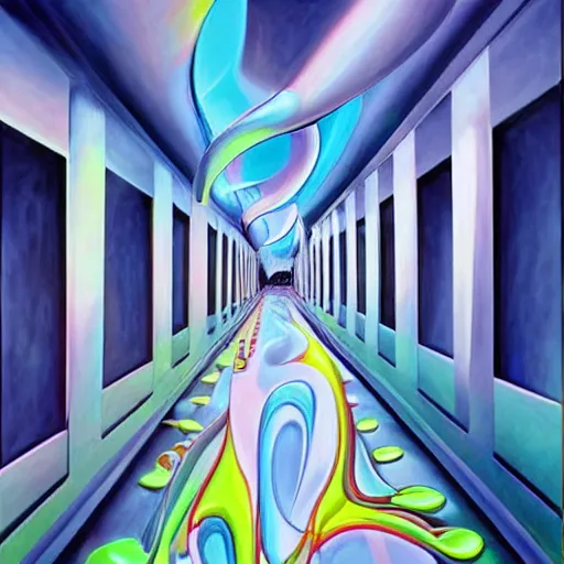Prompt: an extremely high quality hd surrealism painting of a 3d galactic neon complimentary-colored cartoon surrealism melting optically illusiony high-contrast zaha hadid futuristic complex hallway by kandsky and salvia dali the third, clear shapes, 8k, realistic shading, ultra realistic, super realistic