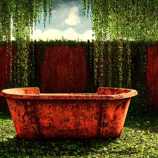 Image similar to hyperrealism photography computer simulation visualisation of parallel universe detailed old rusty bath in the detailed ukrainian village garden in dramatic scene from art house futuristic movie by caravaggio and alejandro jodorowsky and andrei tarkovsky