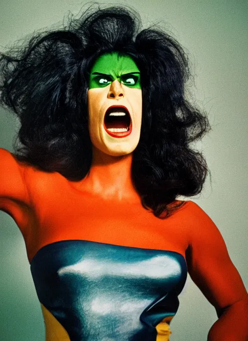 Image similar to a color photo portrait of she hulk in la wearing 6 0's fashion by tim walker, dramatic lighting, 7 5 mm lens, sharp focus.