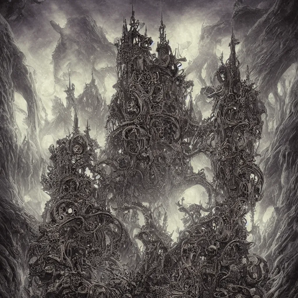 Prompt: art nouveau alien tentacle eyeball castle, cyclopean tower and demonic skull dragon church in the mountains of antarctica, upward cinematic angle, by rodney matthews, bill sienkiewicz and thomas kinkade, stonepunk, ironpunk, steampunk, cold atmosphere, striking composition, ghost faces, skulls, evil symbols, intricate, strange, ornate, digital art, hyperdetailed, colorful, hyperrealism, photorealism, 8k