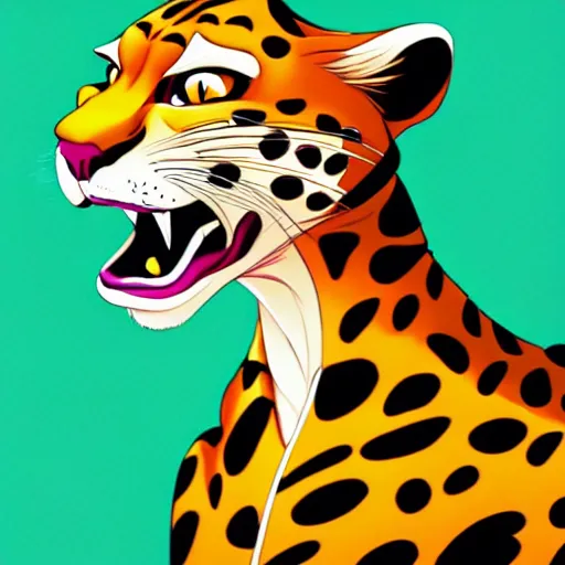 Image similar to don bluth, loish, artgerm, joshua middleton, anthropomorphic cartoon cheetah, wearing a track suit, smiling, symmetrical eyes, symmetrical face, colorful animation forest background