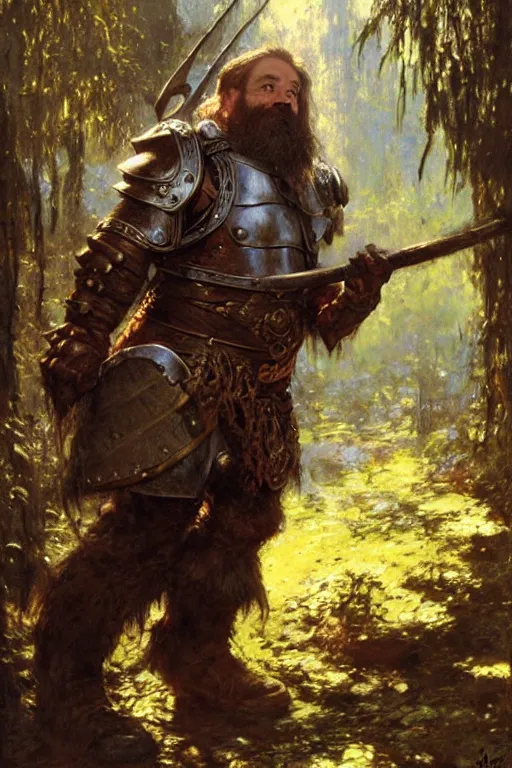 Prompt: dwarf in leather armour in a fantasy forest, holding a large stone axe portrait dnd, painting by gaston bussiere, craig mullins, greg rutkowski, yoji shinkawa