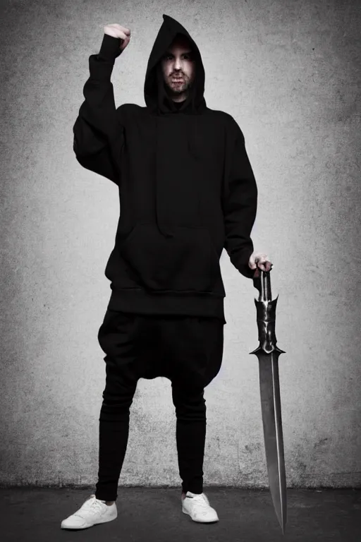 Image similar to a full body shot of a man in a black hoodie holding a dagger