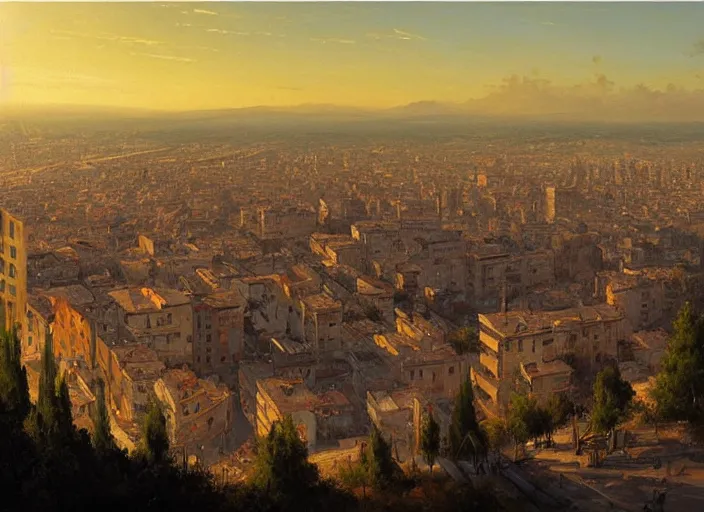 Image similar to A painting of a panoramic view of Pescara at sunset, by Greg Rutkowski and James Gurney, trending on Artstation, highly detailed