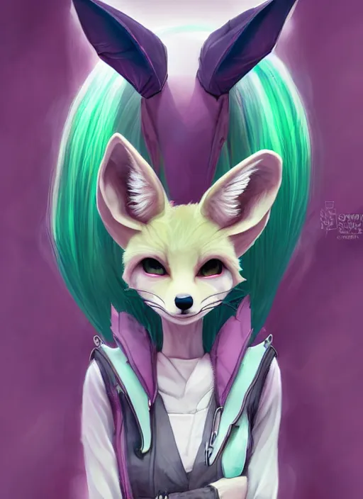 Image similar to beautiful portrait commission of a cute female pink furry anthro fennec fox fursona casual clothes in a futuristic mechanical laboratory. green hair. character design by charlie bowater, ross tran, artgerm, and makoto shinkai, detailed, inked, western comic book art