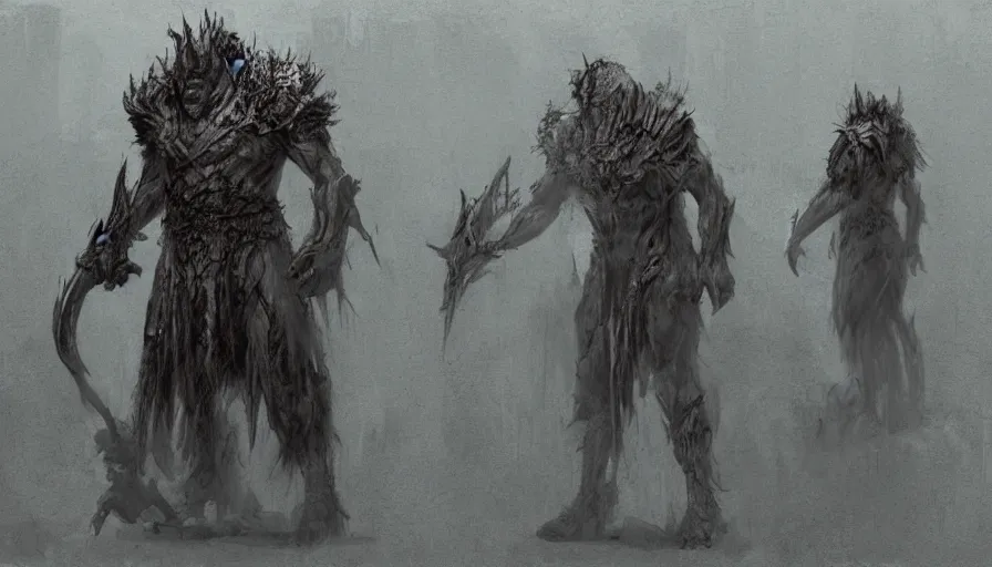 Image similar to feral chieftain charector concept sheet, beksinski, ruan jia, the hobbit orc concept, dark soul concept