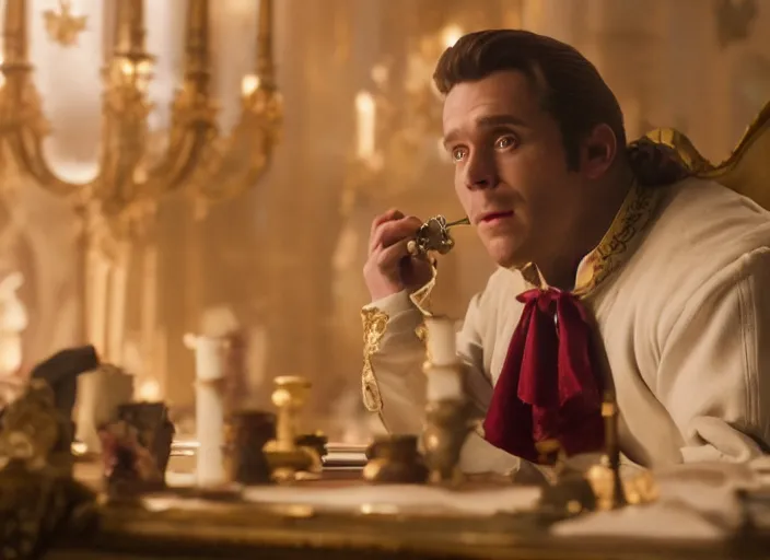 Image similar to film still of Lumiere as an office manager watching over the staff in the new Beauty and the beast movie, 4k