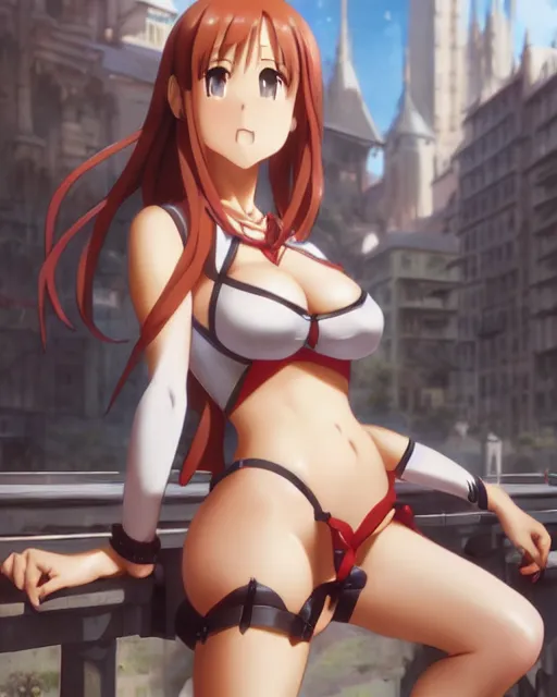 Image similar to pinup photo of asuna from sao in the crowded square of the city, asuna by a - 1 pictures, by by greg rutkowski, gil elvgren, enoch bolles, glossy skin, pearlescent, anime, very coherent, maxim magazine, 3 d, vray, unreal 5, maya