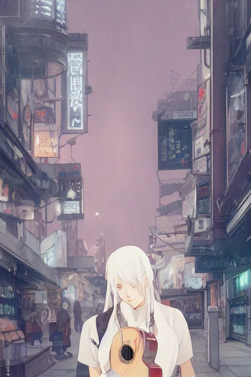 Image similar to a white haired girl with a guitar on her back shopping at a convenience store at night, grey and dark theme, s line, 4 5 angel by krenz cushart and mucha and makoto shinkai, 4 k resolution