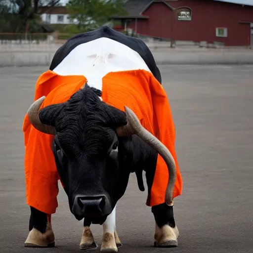 Image similar to bull wearing orange inmate clothes