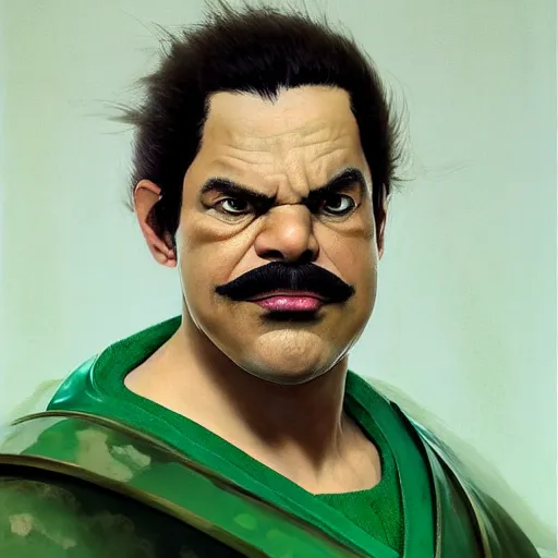 Image similar to hyper realistic, realistic - anime, portrait, beautifully rendered, italian garb the future, dune, caricature, luis guzman as luigi wearing green, smirking deviously, luigi, luigi's nose, painted by gustave courbet, greg rutkowski, wlop, artgerm, dishonored 2,