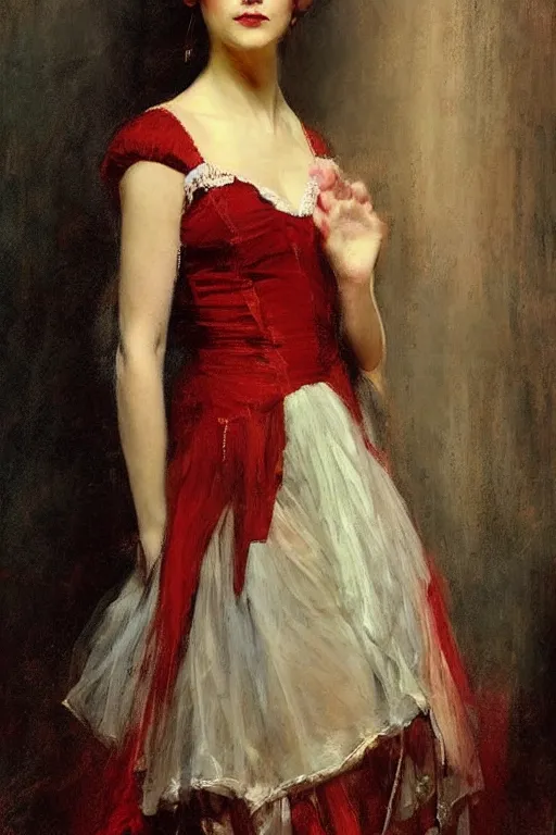 Image similar to Solomon Joseph Solomon and Richard Schmid and Jeremy Lipking victorian genre painting full length portrait painting of a young beautiful woman traditional german french actress dancer in fantasy costume, red background