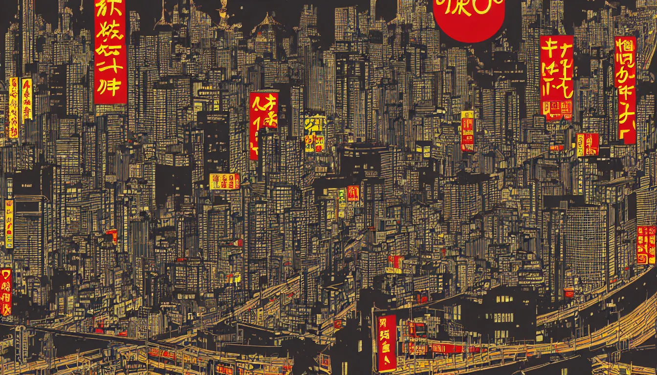 Image similar to tokyo by dan mumford and peter doig and edward hopper, symmetrical, minimal, black ink, thick lines highly detailed, muted colours, overlaid with chinese adverts, 8 k