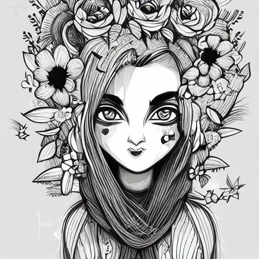 Prompt: grunge cartoon vector sketch of a human with flowers as their hair by - anton fadeev, loony toons style, horror theme, detailed, elegant, intricate