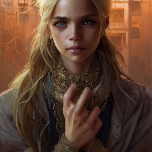 Prompt: portrait of a young thief in the slums of a fantasy city, dirty blonde hair, d & d, fantasy, joyful smirk, intricate, elegant, highly detailed, digital painting, artstation, concept art, matte, sharp focus, illustration, art by artgerm and greg rutkowski and alphonse mucha