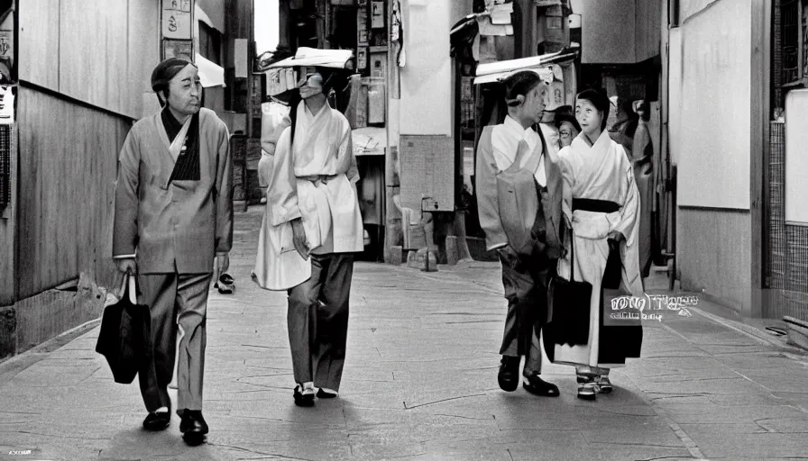 Image similar to mr. hulot lost in the streets of gion, inquiring directions from a geisha in old kyoto, cinematic 1 9 7 0, in the style. of wes anderson and jacques tati