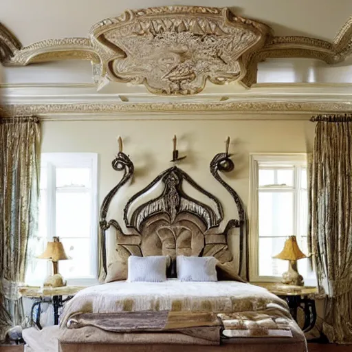 Prompt: award-winning awesome catalog photo plaster headboard in the shape of an ornate fireplace mantel master bedroom