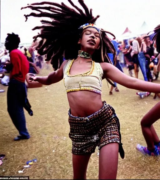 Image similar to portrait of a stunningly beautiful girl with dreadlocks dancing at a music festival, by bruce davidson