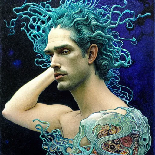 Prompt: realistic extremely detailed portrait painting of an average man with exposed clear plastic brain case and long curly hair, retro futuristic ,floating in black water , by Jean Delville, Amano, Yves Tanguy, Alphonse Mucha, Ernst Haeckel, Edward Robert Hughes, Roger Dean, and greg rutkowski and alphonse mucha, rich moody colors, blue eyes,octane render,4k,f32,