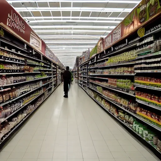 Prompt: a liminal grocery store with a tall dark ominous figure standing between the aisle, liminal, highly detailed