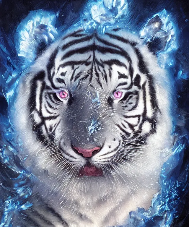 Prompt: a ultradetailed painting of a white tiger made of intricate ice crystals, surrounded with blue flames, volumetric lighting, crystalline, snowflakes, ornate, Greg rutkowski, Karol Bak.