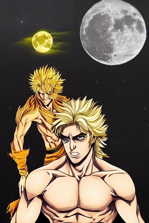 Dio Brando posing dramatically with a full moon behind, Stable Diffusion