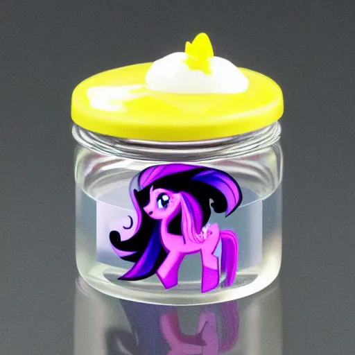 Image similar to a my little pony figure in a jar covered in a mysterious sticky yellowish fluid