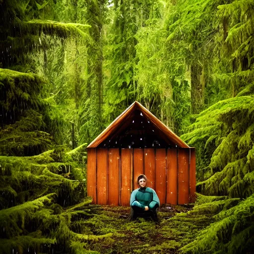 Image similar to photograph of an astronaut sitting inside a small wooden hut, heavy rain, alien planet, portrait picture, trees, forest, ferns, moss, wet, astronaut is relaxing